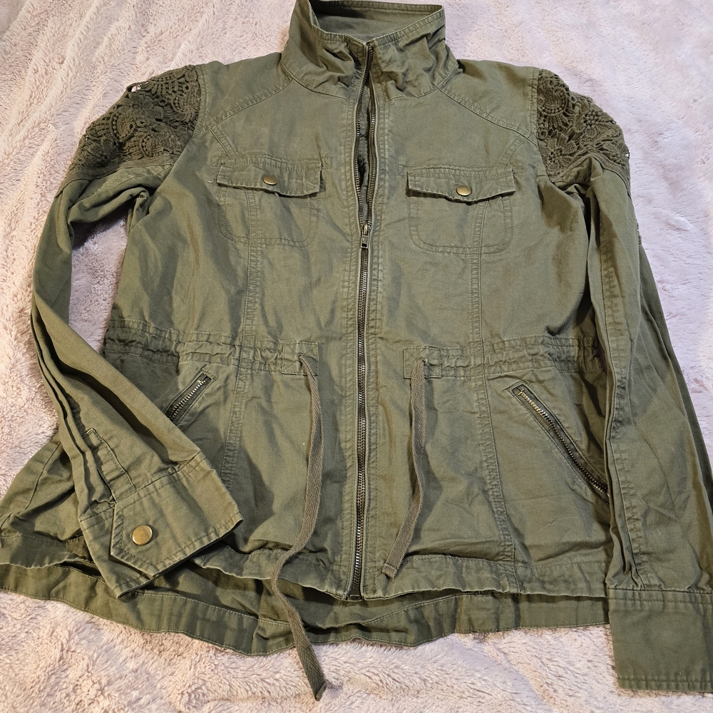 Love Tree Olive Utility Jacket with Lace Accents